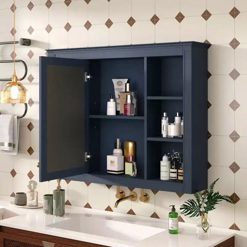 Okak Modern Wall Mounted Bathroom Cabinet with Mirror & 6 Open Shelves,Medicine Cabinet Mirror Cabinet for Bathroom