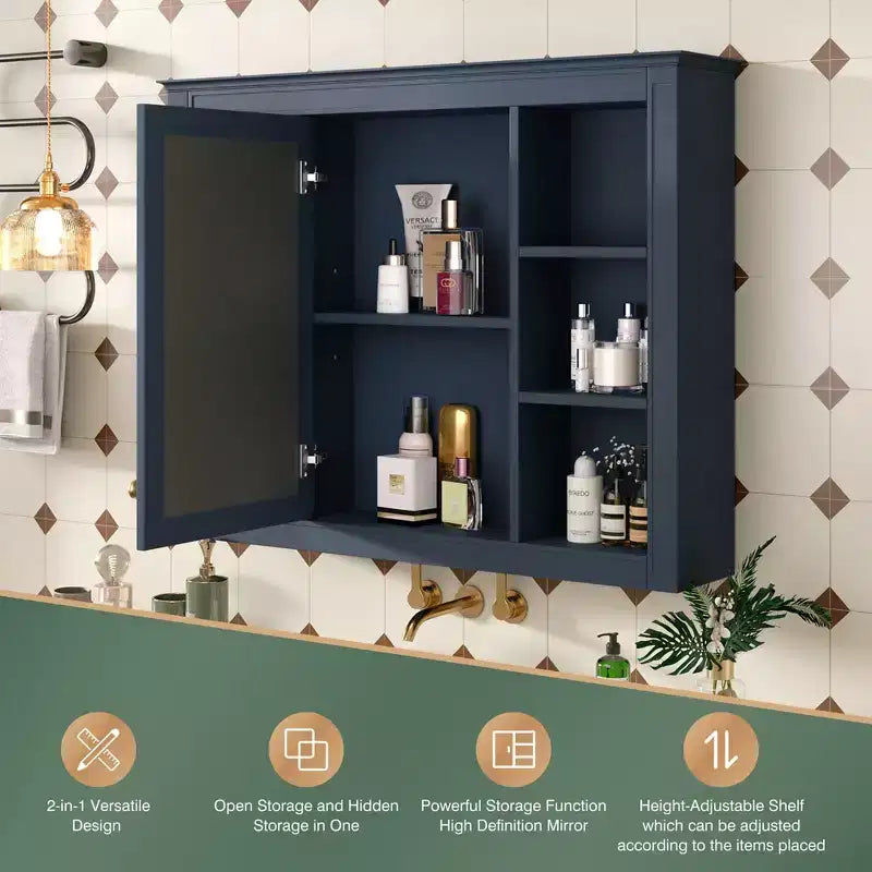 Okak Modern Wall Mounted Bathroom Cabinet with Mirror & 6 Open Shelves,Medicine Cabinet Mirror Cabinet for Bathroom