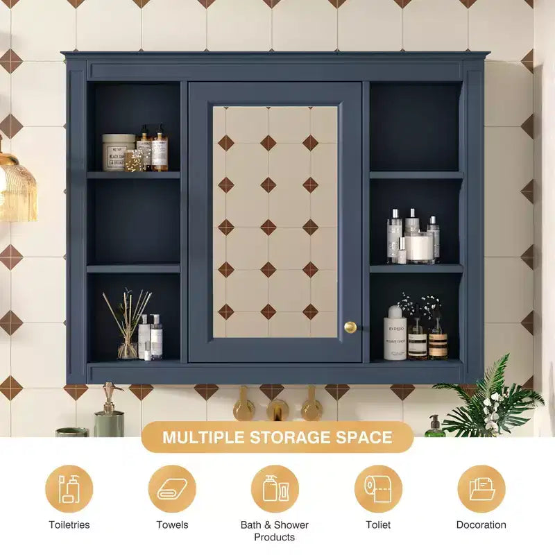 Okak Modern Wall Mounted Bathroom Cabinet with Mirror & 6 Open Shelves,Medicine Cabinet Mirror Cabinet for Bathroom