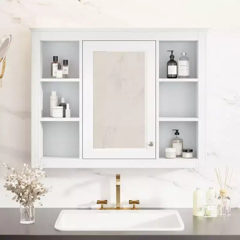 Okak Modern Wall Mounted Bathroom Cabinet with Mirror & 6 Open Shelves,Medicine Cabinet Mirror Cabinet for Bathroom