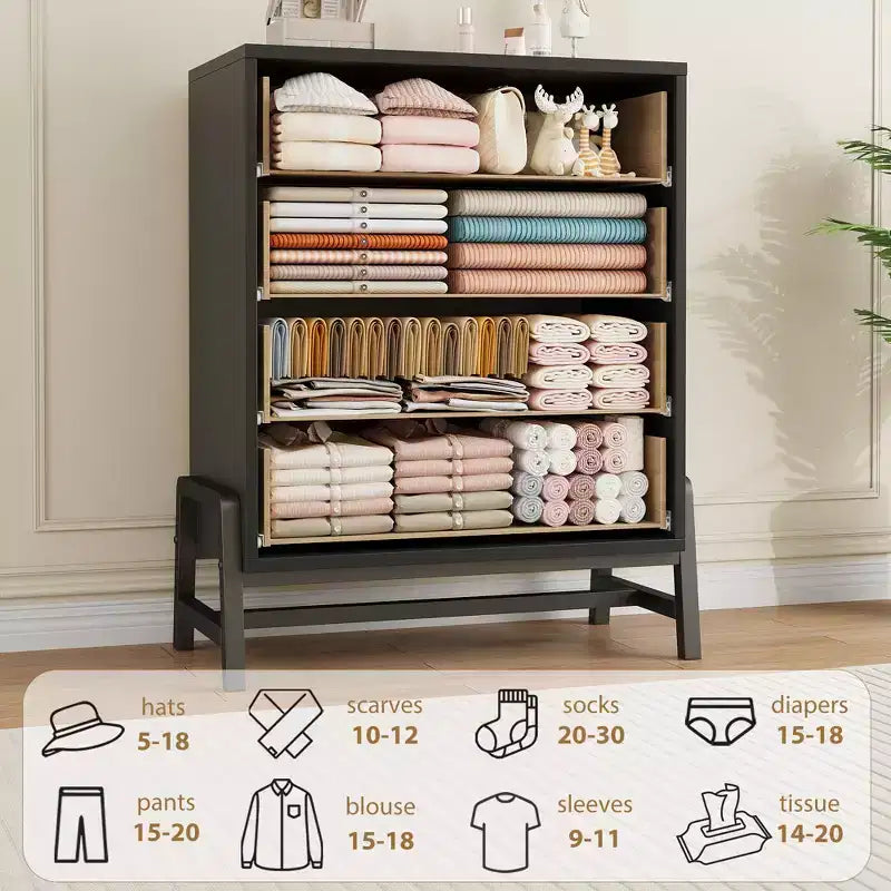 4 Dresser for Bedroom, 38.6 Inch High Dressing Table, Freestanding High Drawers with Storage Space, Wooden Wardrobe Storage Cabinet for Living Room