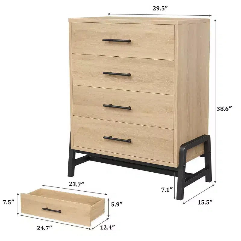 4 Dresser for Bedroom, 38.6 Inch High Dressing Table, Freestanding High Drawers with Storage Space, Wooden Wardrobe Storage Cabinet for Living Room