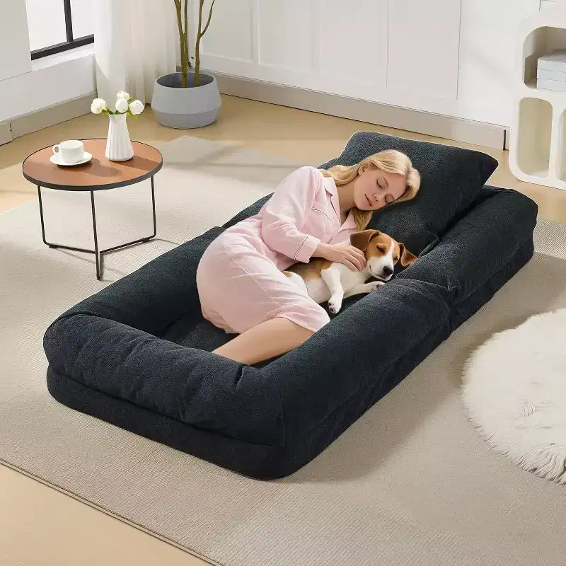 Human Dog Bed for Adult, Comfy Lazy Sofa Bed with 2 Pillows & 5 Adjustable Position, Chenille Upholstered Lounge Chair for Living Room Bedroom