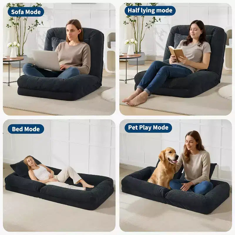 Human Dog Bed for Adult, Comfy Lazy Sofa Bed with 2 Pillows & 5 Adjustable Position, Chenille Upholstered Lounge Chair for Living Room Bedroom