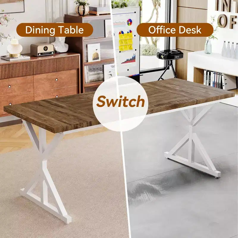 Dyonery 70.8 Farmhouse Dining Table for 6, Rustic Wood Kitchen Table with Metal Legs for Dining Room