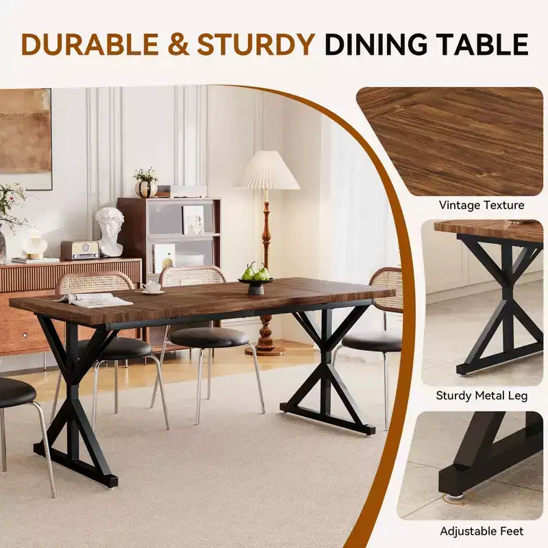 Dyonery 70.8 Farmhouse Dining Table for 6, Rustic Wood Kitchen Table with Metal Legs for Dining Room