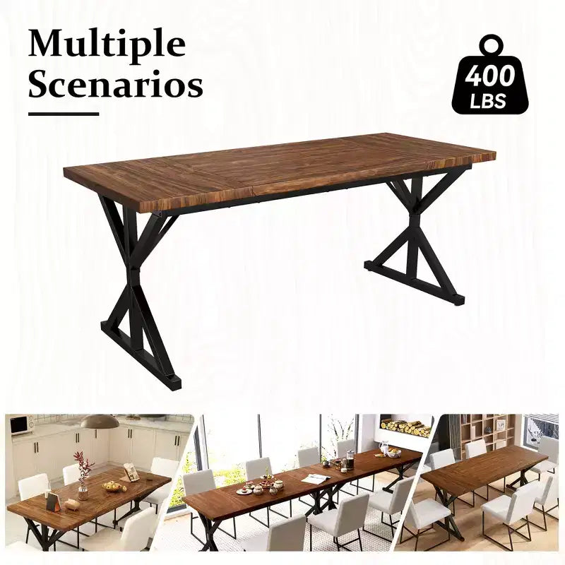 Dyonery 70.8 Farmhouse Dining Table for 6, Rustic Wood Kitchen Table with Metal Legs for Dining Room