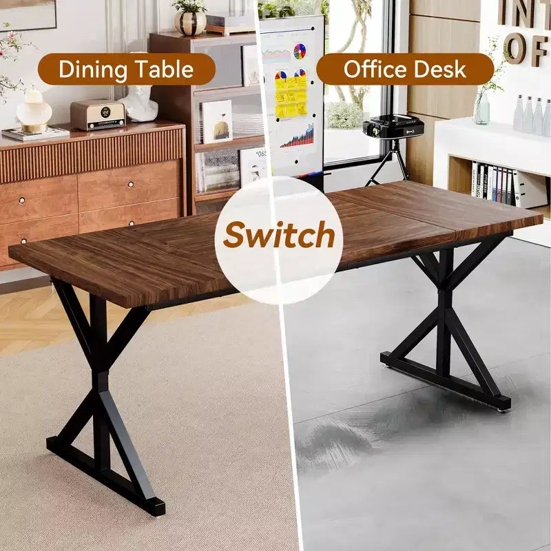 Dyonery 70.8 Farmhouse Dining Table for 6, Rustic Wood Kitchen Table with Metal Legs for Dining Room