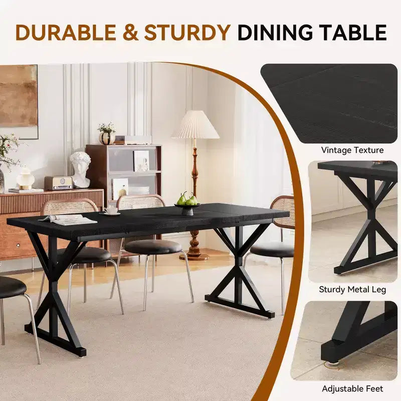 Dyonery 70.8 Farmhouse Dining Table for 6, Rustic Wood Kitchen Table with Metal Legs for Dining Room