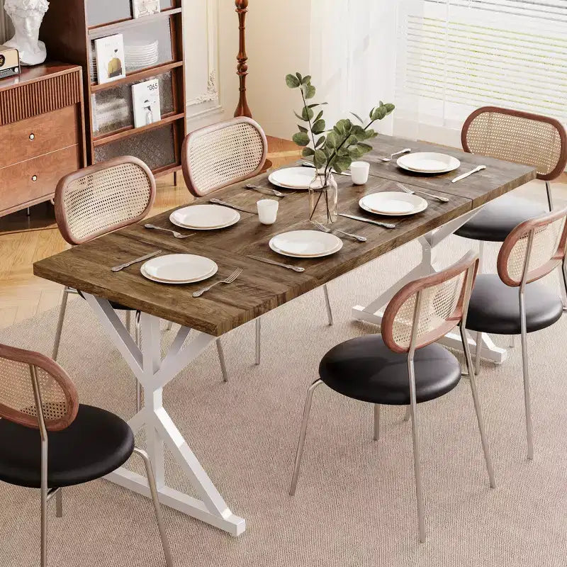 Dyonery 70.8 Farmhouse Dining Table for 6, Rustic Wood Kitchen Table with Metal Legs for Dining Room