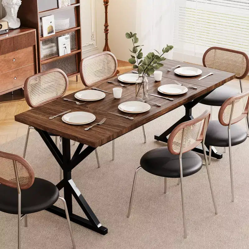Dyonery 70.8 Farmhouse Dining Table for 6, Rustic Wood Kitchen Table with Metal Legs for Dining Room