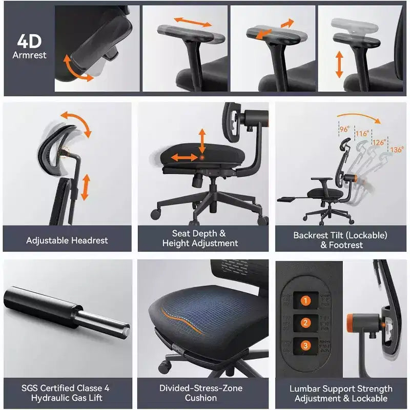 Ergonomic Chair with Footrest - Home Office Chair with Lumbar Support, 4D Armrest, Seat Depth & Height Adjustable - MAGICH-BP+LAPD-BLACK