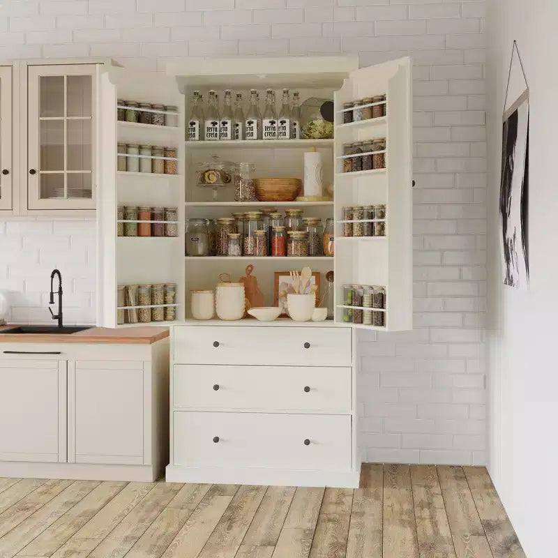 Okak 77in Farmhouse Pantry Cabinet, Freestanding Tall Cabinet with 3 Adjustable Shelves, 8 Door Shelves, 3 Drawers, Storage Cabinet for Kitchen