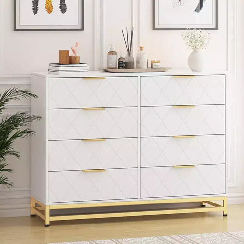 8-Drawer Wooden Dresser with Metal Handles,Sturdy Modern Bedroom Dresser with Deep Drawers,Metal-Framed Wood Chest of Drawers, Sturdy Chest