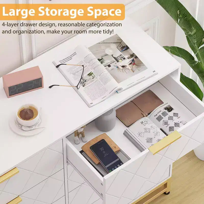 8-Drawer Wooden Dresser with Metal Handles,Sturdy Modern Bedroom Dresser with Deep Drawers,Metal-Framed Wood Chest of Drawers, Sturdy Chest