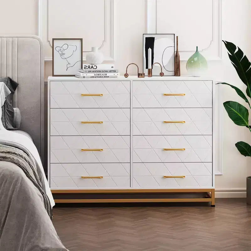 8-Drawer Wooden Dresser with Metal Handles,Sturdy Modern Bedroom Dresser with Deep Drawers,Metal-Framed Wood Chest of Drawers, Sturdy Chest