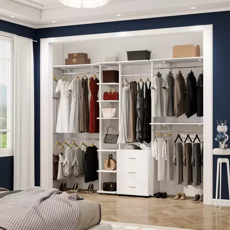 Besiost Closet Organizer System with Tower Shelving, Heavy-duty Clothing Rack with Wood Drawers