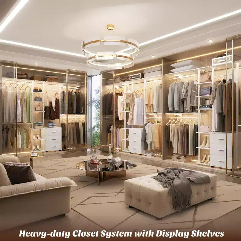 Besiost Closet Organizer System with Tower Shelving, Heavy-duty Clothing Rack with Wood Drawers