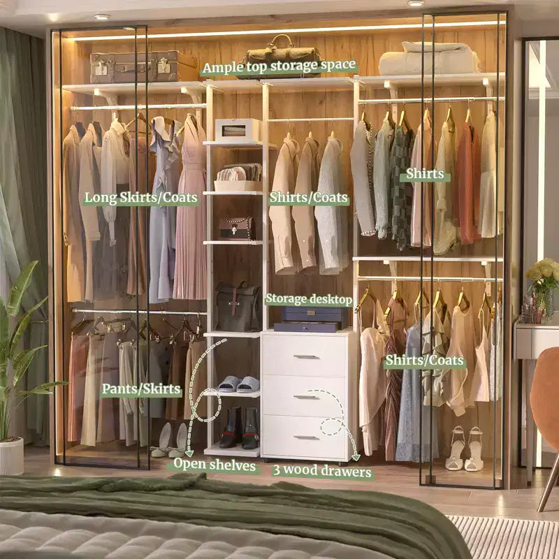 Besiost Closet Organizer System with Tower Shelving, Heavy-duty Clothing Rack with Wood Drawers