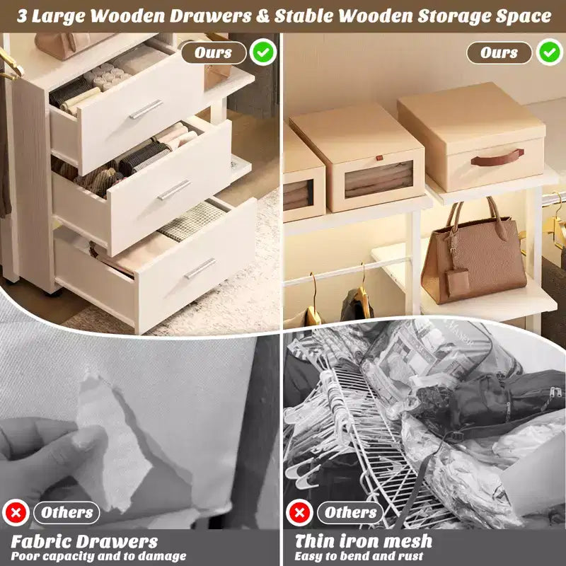 Besiost Closet Organizer System with Tower Shelving, Heavy-duty Clothing Rack with Wood Drawers