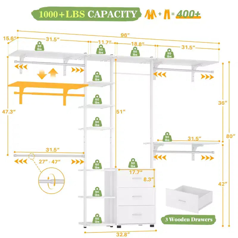 Besiost Closet Organizer System with Tower Shelving, Heavy-duty Clothing Rack with Wood Drawers