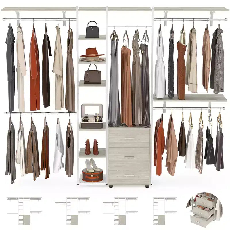 Besiost Closet Organizer System with Tower Shelving, Heavy-duty Clothing Rack with Wood Drawers