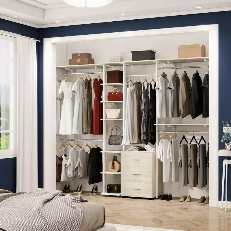 Besiost Closet Organizer System with Tower Shelving, Heavy-duty Clothing Rack with Wood Drawers