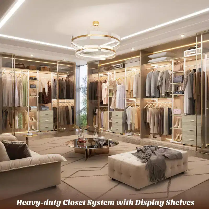 Besiost Closet Organizer System with Tower Shelving, Heavy-duty Clothing Rack with Wood Drawers