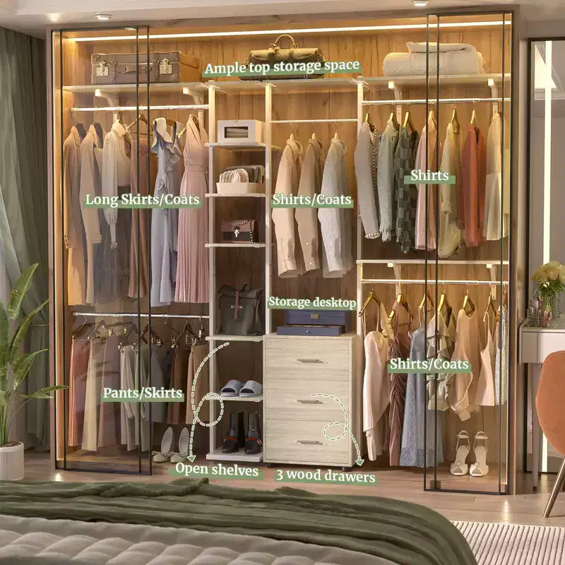 Besiost Closet Organizer System with Tower Shelving, Heavy-duty Clothing Rack with Wood Drawers