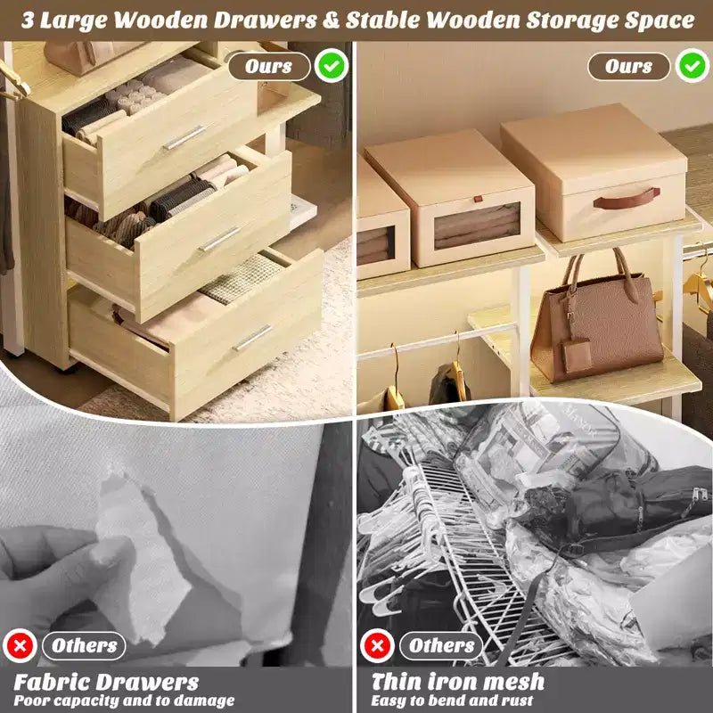 Besiost Closet Organizer System with Tower Shelving, Heavy-duty Clothing Rack with Wood Drawers
