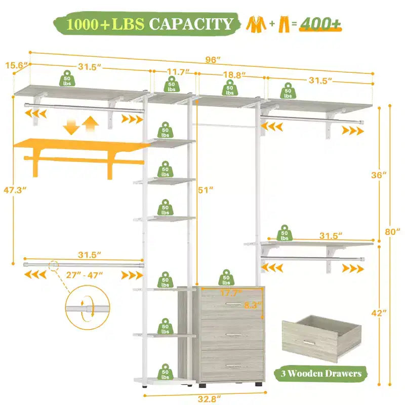 Besiost Closet Organizer System with Tower Shelving, Heavy-duty Clothing Rack with Wood Drawers