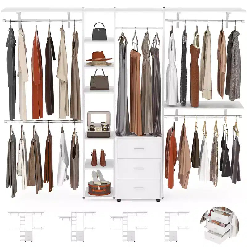 Besiost Closet Organizer System with Tower Shelving, Heavy-duty Clothing Rack with Wood Drawers