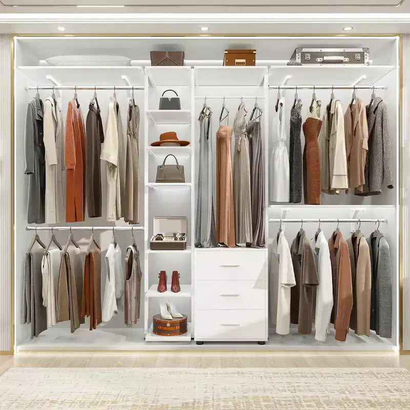 Besiost Closet Organizer System with Tower Shelving, Heavy-duty Clothing Rack with Wood Drawers