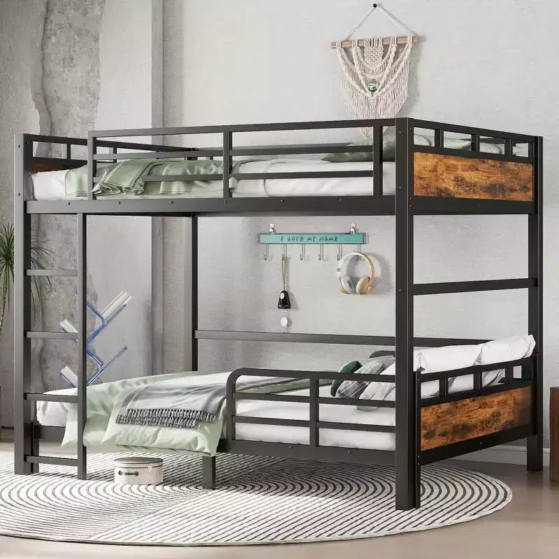 Full XL over Full XL Metal Bunk Bed/Metal Loft Bed and Metal Platform Beds,with Raised Security Fence,Vintage Wood-colored