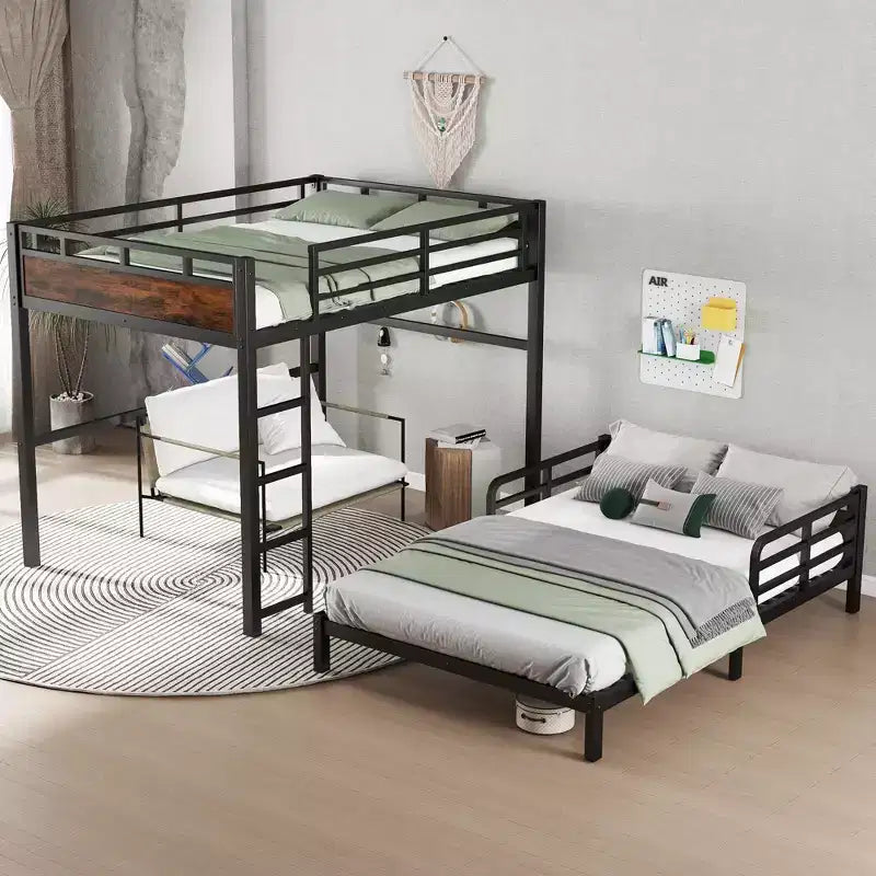Full XL over Full XL Metal Bunk Bed/Metal Loft Bed and Metal Platform Beds,with Raised Security Fence,Vintage Wood-colored
