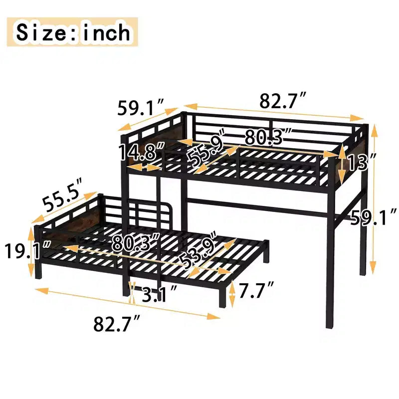Full XL over Full XL Metal Bunk Bed/Metal Loft Bed and Metal Platform Beds,with Raised Security Fence,Vintage Wood-colored