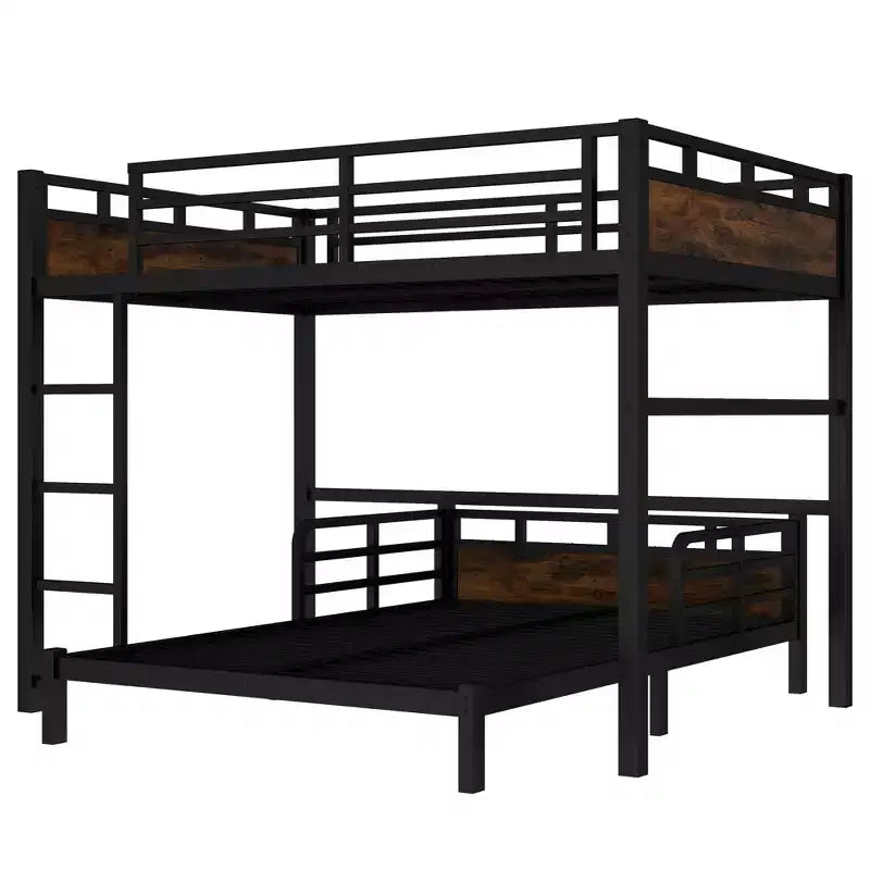 Full XL over Full XL Metal Bunk Bed/Metal Loft Bed and Metal Platform Beds,with Raised Security Fence,Vintage Wood-colored