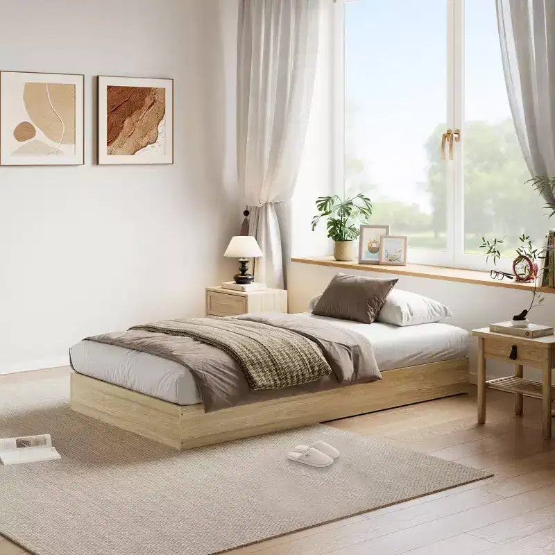 Twin Size Wooden platform bed, solid wooden slats, floor-standing bed frame, modern minimalist design, space-saving, no box spring required