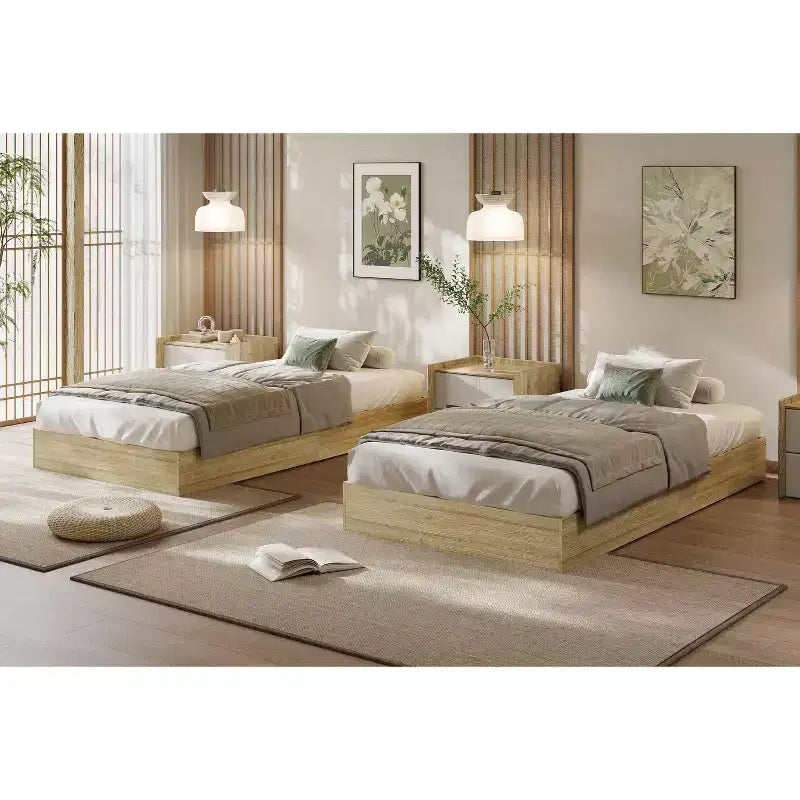 Twin Size Wooden platform bed, solid wooden slats, floor-standing bed frame, modern minimalist design, space-saving, no box spring required