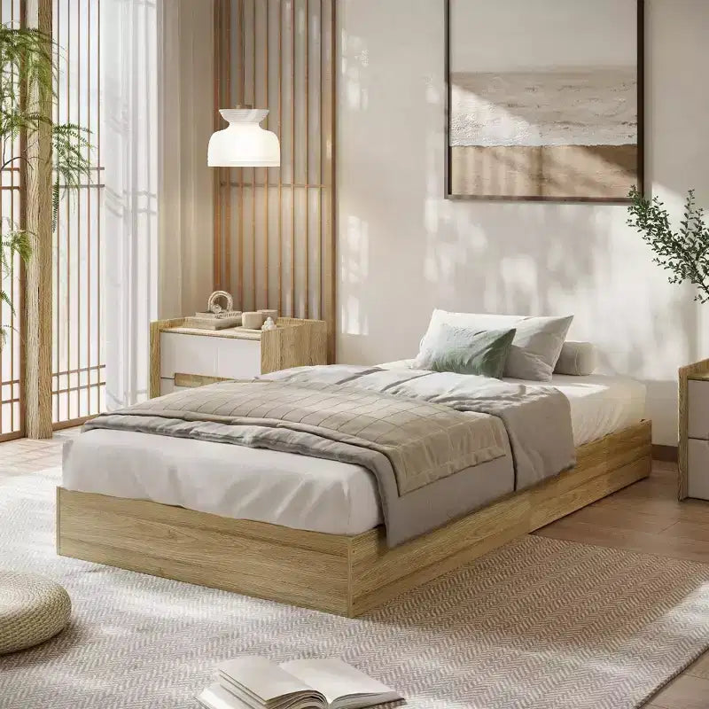 Twin Size Wooden platform bed, solid wooden slats, floor-standing bed frame, modern minimalist design, space-saving, no box spring required