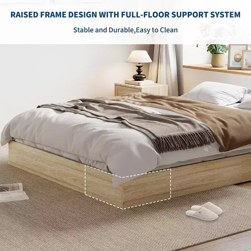 Twin Size Wooden platform bed, solid wooden slats, floor-standing bed frame, modern minimalist design, space-saving, no box spring required