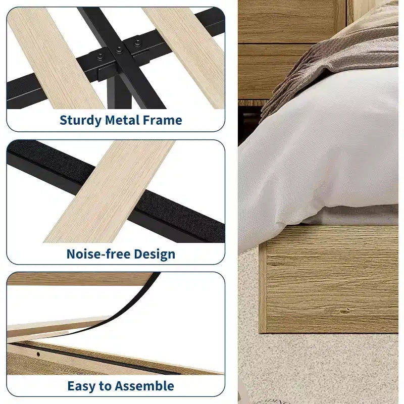 Twin Size Wooden platform bed, solid wooden slats, floor-standing bed frame, modern minimalist design, space-saving, no box spring required