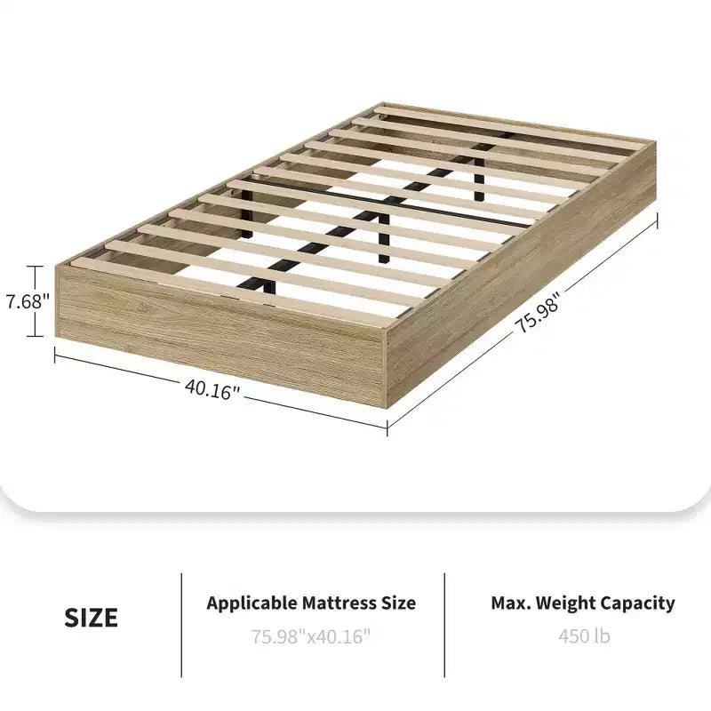 Twin Size Wooden platform bed, solid wooden slats, floor-standing bed frame, modern minimalist design, space-saving, no box spring required