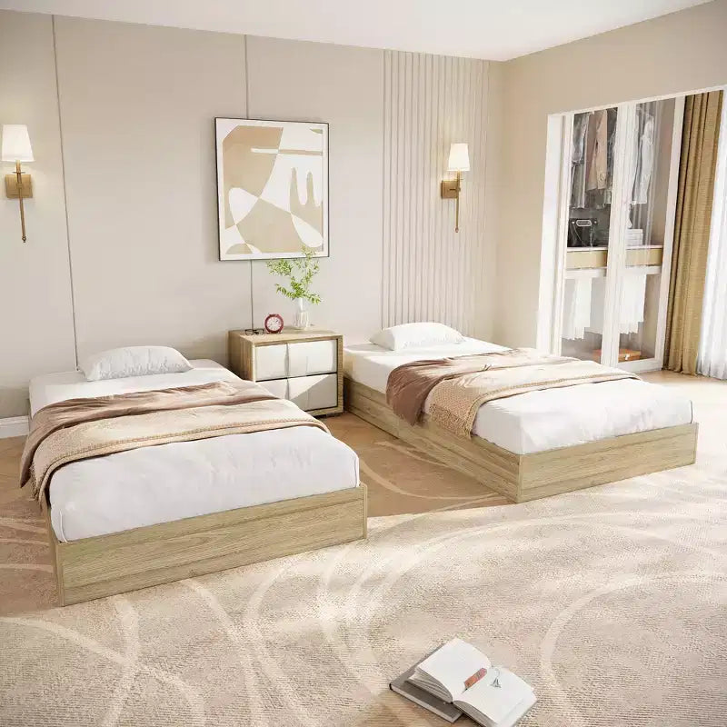 Twin Size Wooden platform bed, solid wooden slats, floor-standing bed frame, modern minimalist design, space-saving, no box spring required