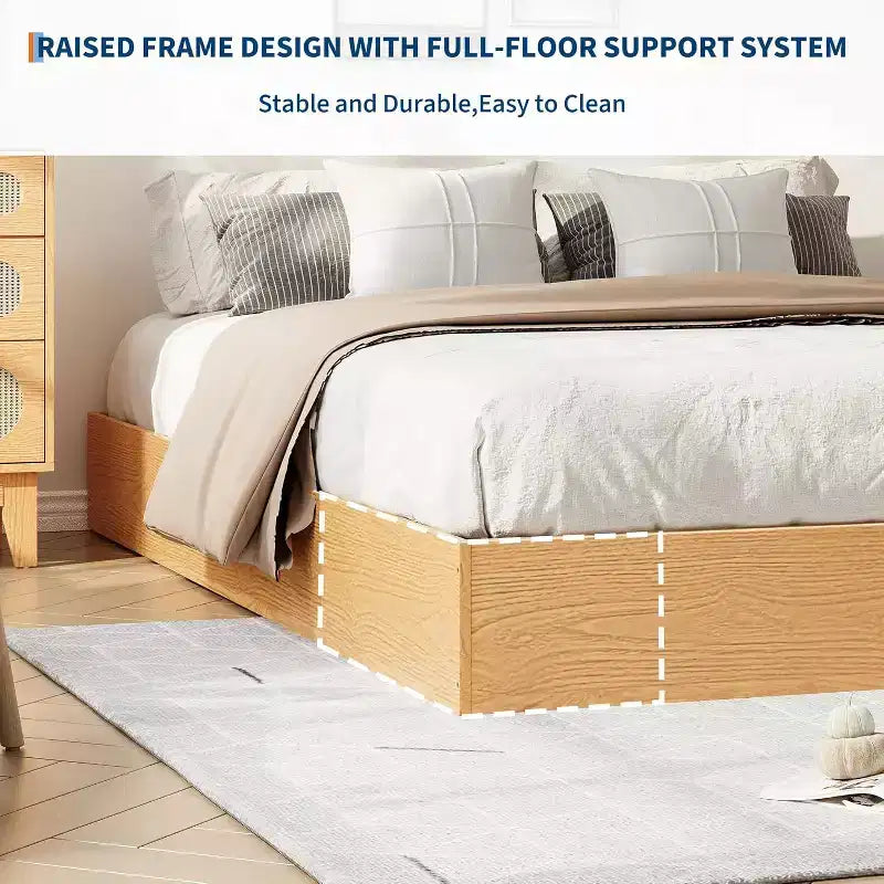 Twin Size Wooden platform bed, solid wooden slats, floor-standing bed frame, modern minimalist design, space-saving, no box spring required