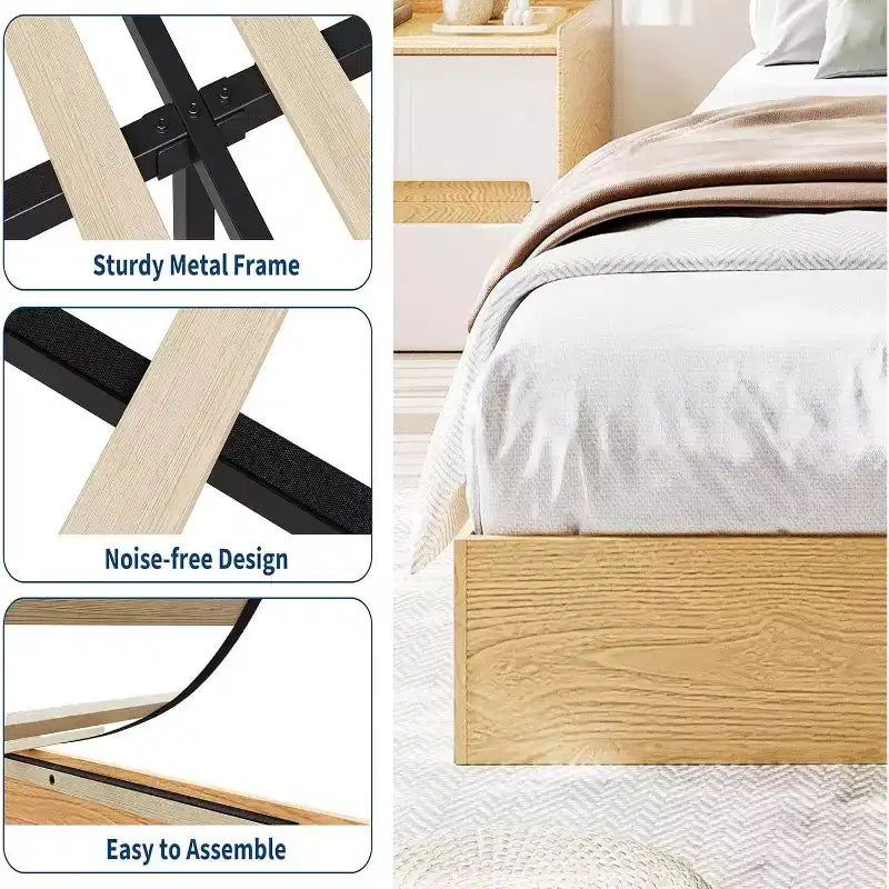 Twin Size Wooden platform bed, solid wooden slats, floor-standing bed frame, modern minimalist design, space-saving, no box spring required