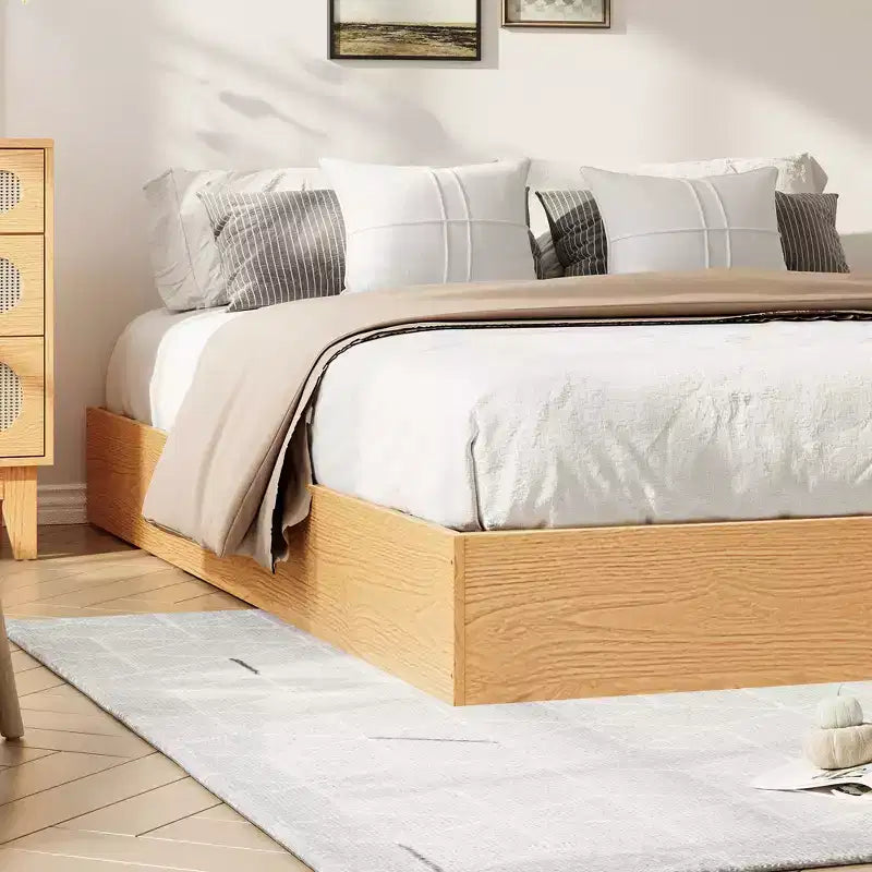 Twin Size Wooden platform bed, solid wooden slats, floor-standing bed frame, modern minimalist design, space-saving, no box spring required