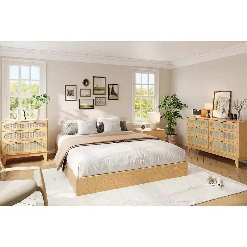 Twin Size Wooden platform bed, solid wooden slats, floor-standing bed frame, modern minimalist design, space-saving, no box spring required