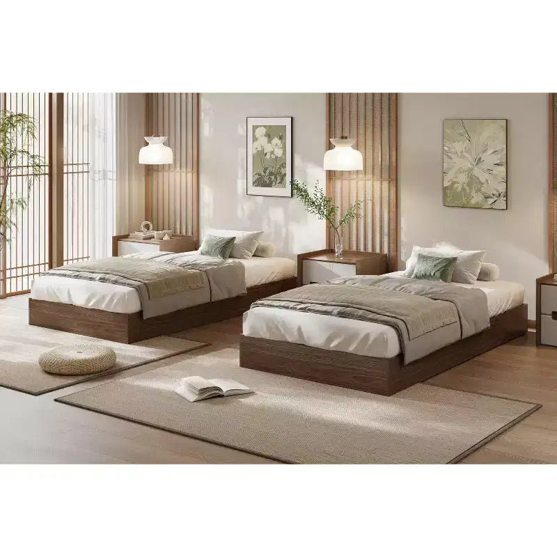 Twin Size Wooden platform bed, solid wooden slats, floor-standing bed frame, modern minimalist design, space-saving, no box spring required