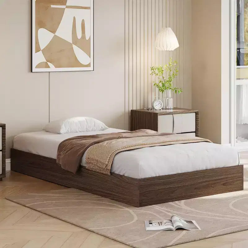 Twin Size Wooden platform bed, solid wooden slats, floor-standing bed frame, modern minimalist design, space-saving, no box spring required